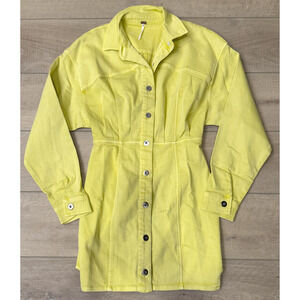NEW FREE PEOPLE TENDER YELLOW AMBER DENIM BUTTON MINI JEAN DRESS SIZE 0